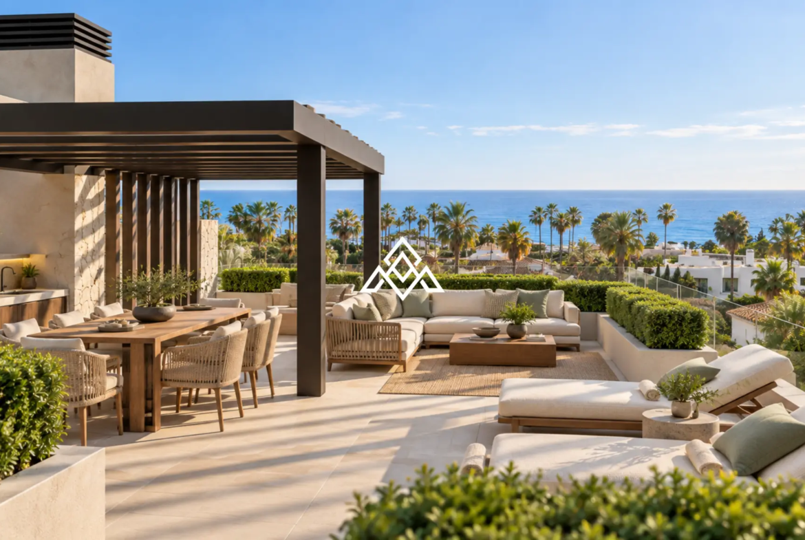 Luxury Los Monteros villa for sale with panoramic sea views, infinity pool and rooftop jacuzzi in Marbella.