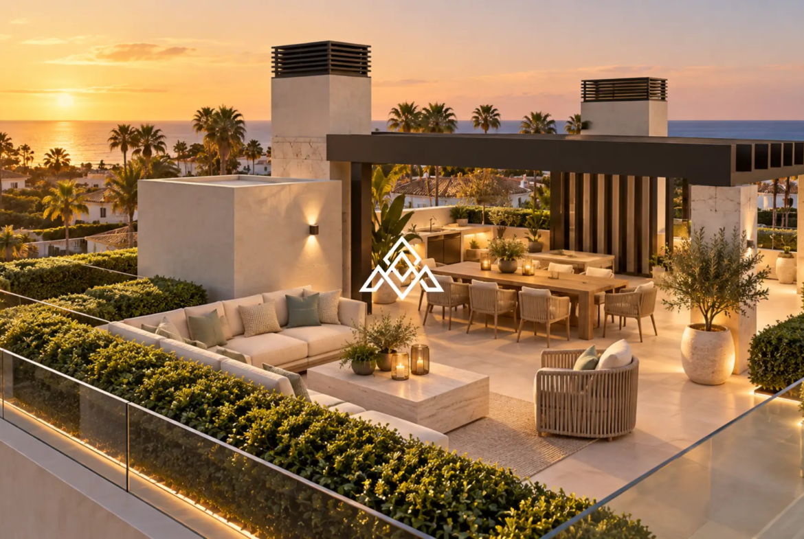 Luxury Los Monteros villa for sale with panoramic sea views, infinity pool and rooftop jacuzzi in Marbella.