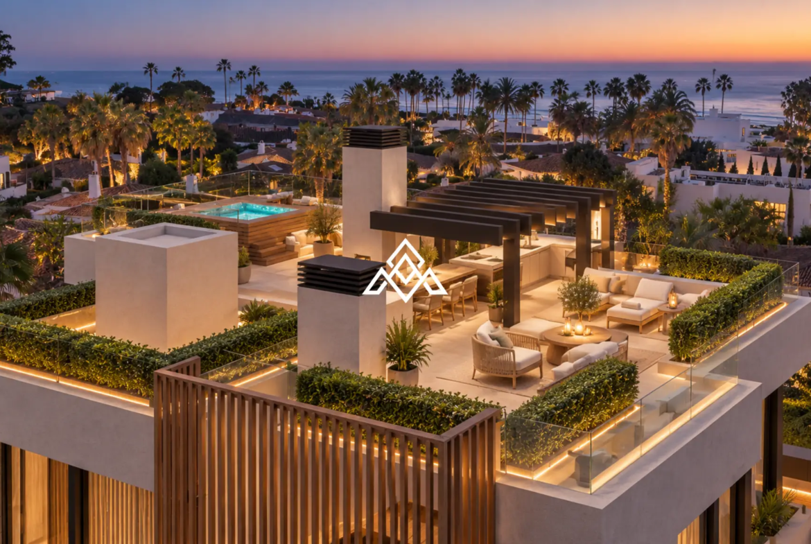 Luxury Los Monteros villa for sale with panoramic sea views, infinity pool and rooftop jacuzzi in Marbella.