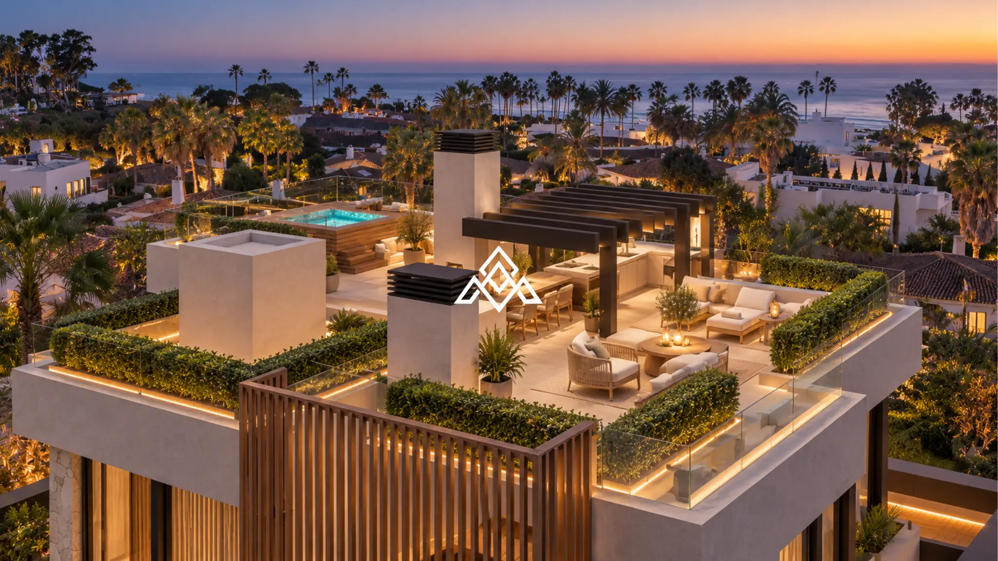 Luxury Los Monteros villa for sale with panoramic sea views, infinity pool and rooftop jacuzzi in Marbella.