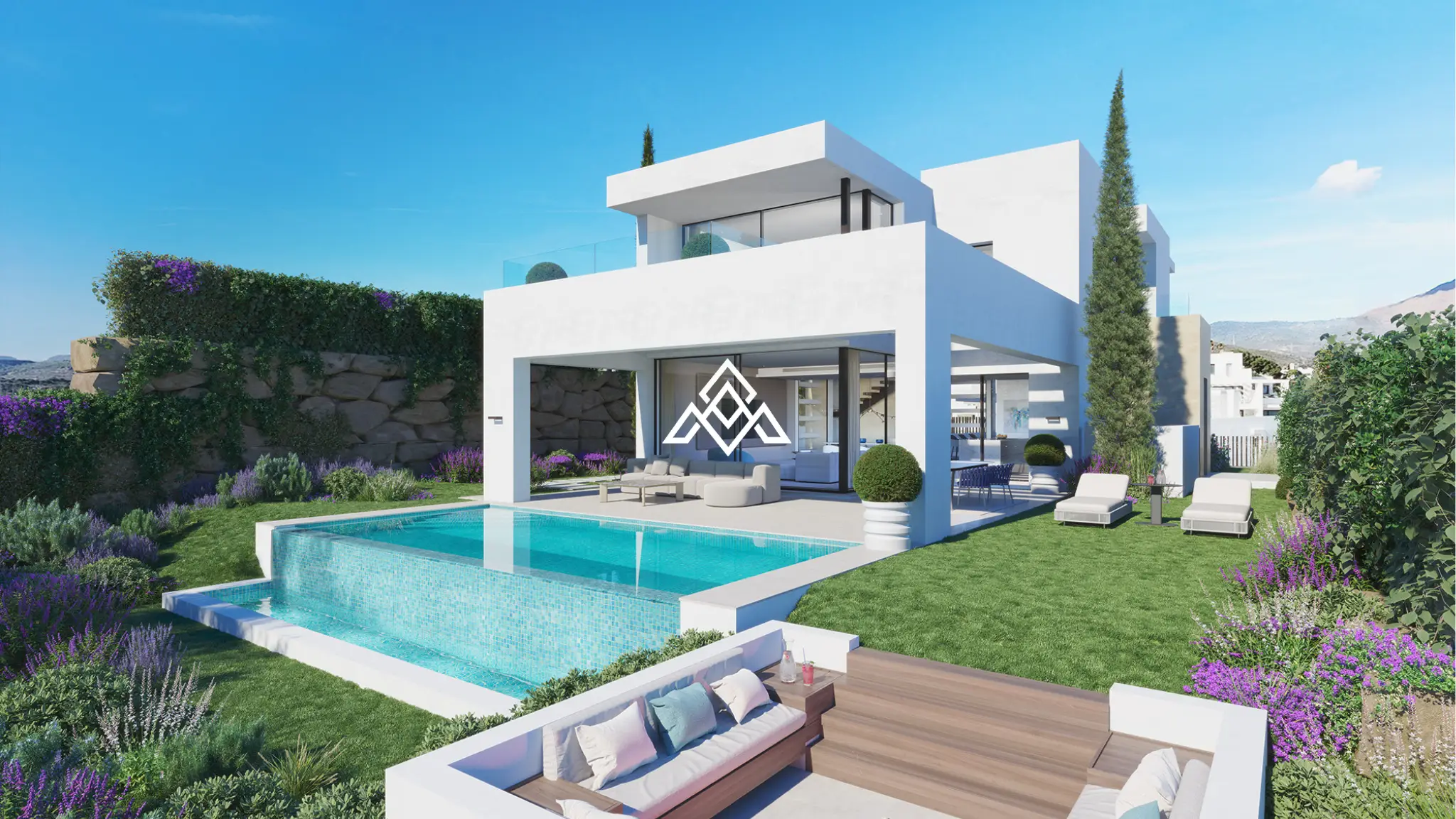 Costa del Sol Villas with contemporary architecture and panoramic sea, golf and Sierra Bermeja mountain views