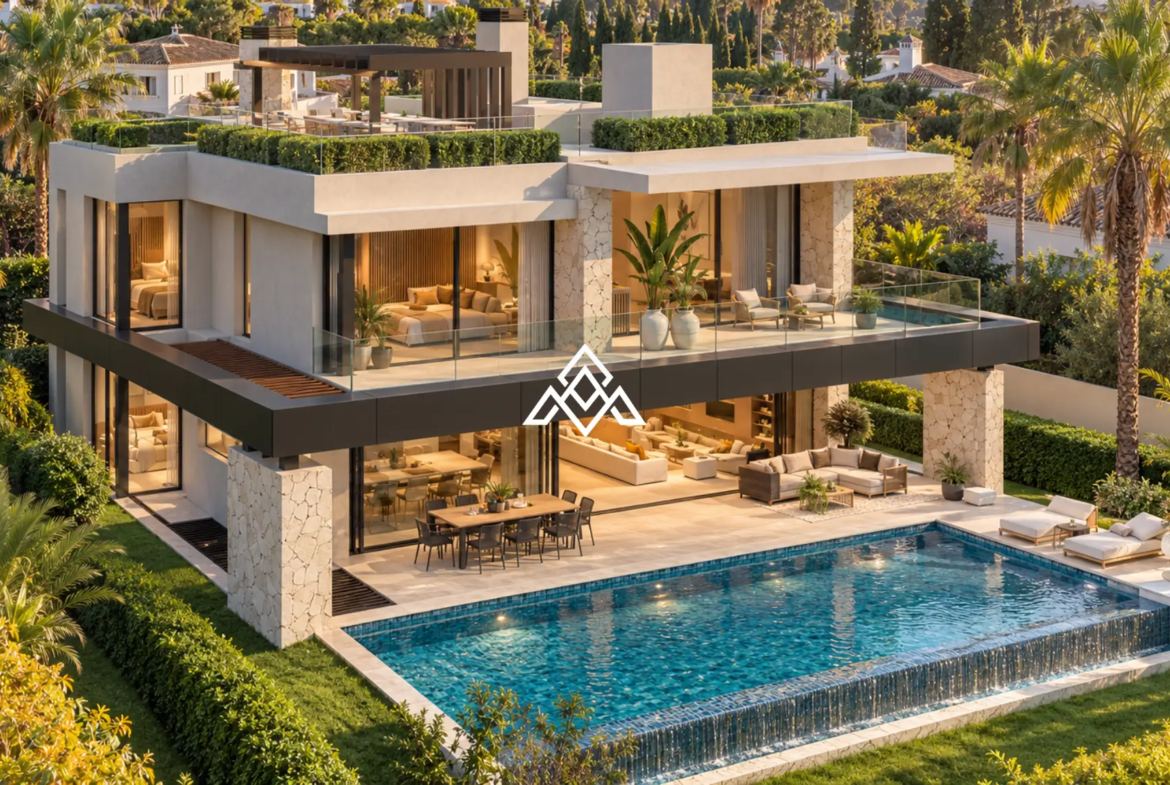 Luxury Los Monteros villa for sale with panoramic sea views, infinity pool and rooftop jacuzzi in Marbella.