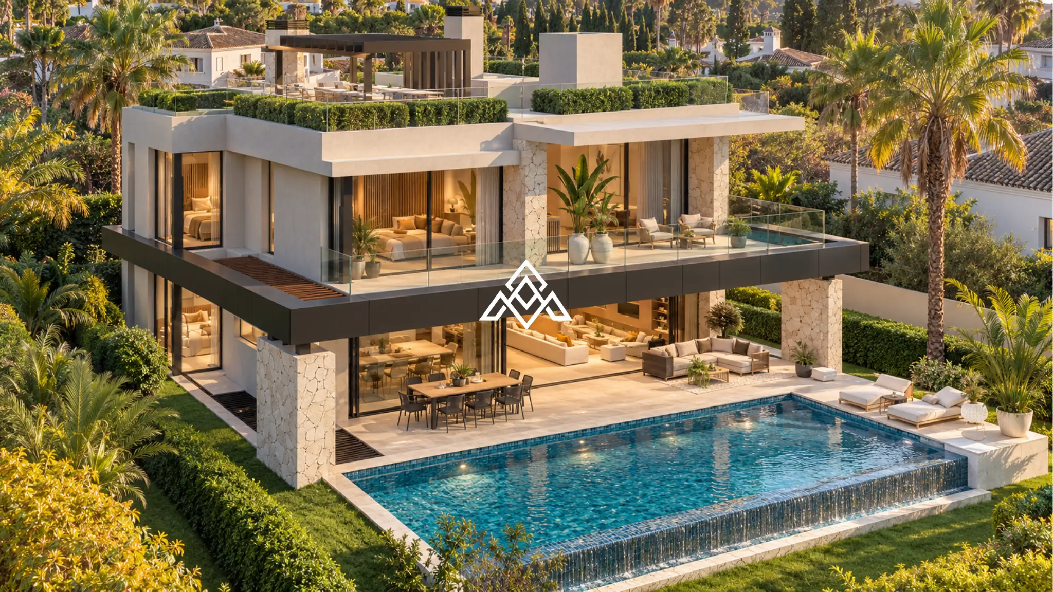 Luxury Los Monteros villa for sale with panoramic sea views, infinity pool and rooftop jacuzzi in Marbella.